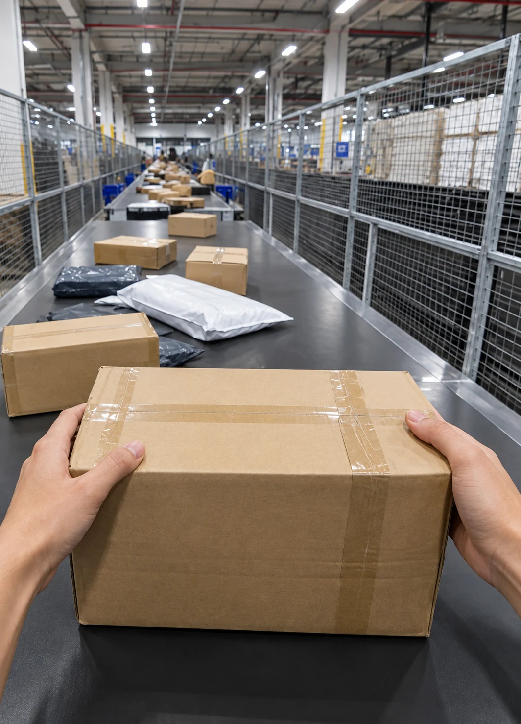 First-person view of a worker lifting a carton on the sorting line